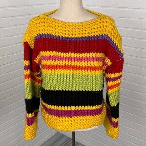 Handknit Vintage Sweater Women Large Yellow Red Stripe Boatneck Retro Chunky 80s